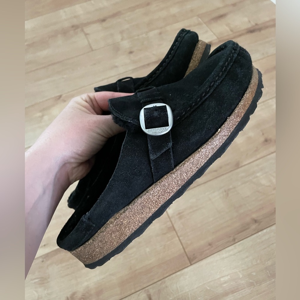 Birkenstock Buckley Shearling Black Suede Buckle Clogs size 39